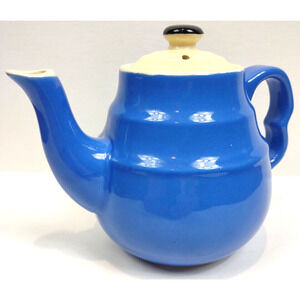 Vintage Blue Stoneware Oxford Style Teapot Made in USA 2 Ring Style 6.5"